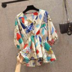 Casual Women Spring-Summer Print Loose Blouses V-neck Youth Versatile Tops White