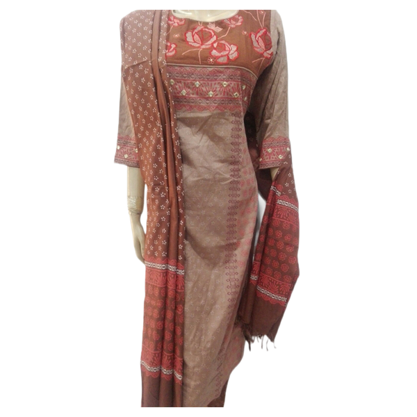 Block Printed & Embroidery Cotton Stitched Valinda Three Piece